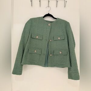 Mango Mint Green Tweed Blazer with Heart-Shaped Buttons